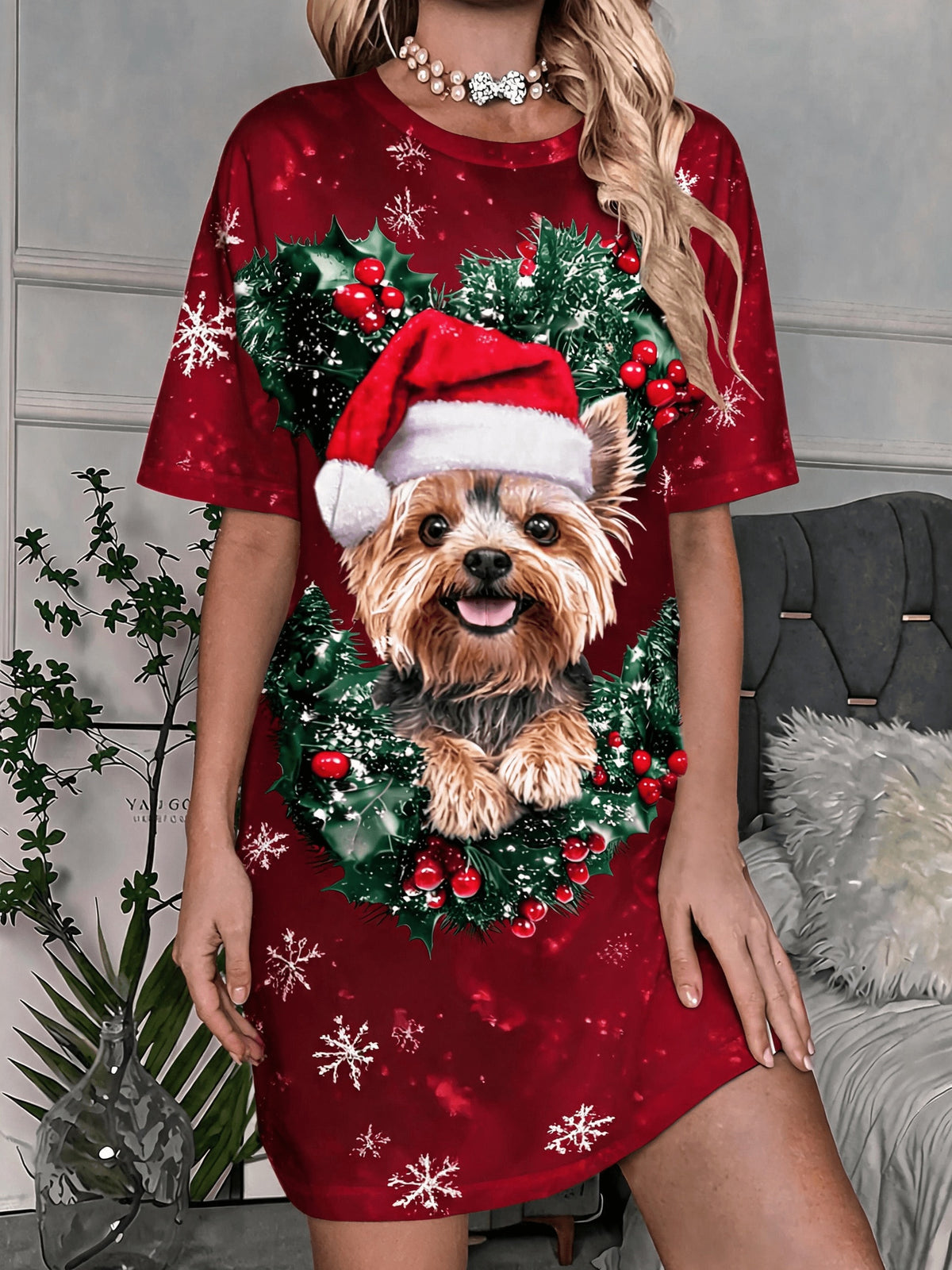 Plus Size Red Christmas Dog Print T-Shirt Lounge Dress – image 4