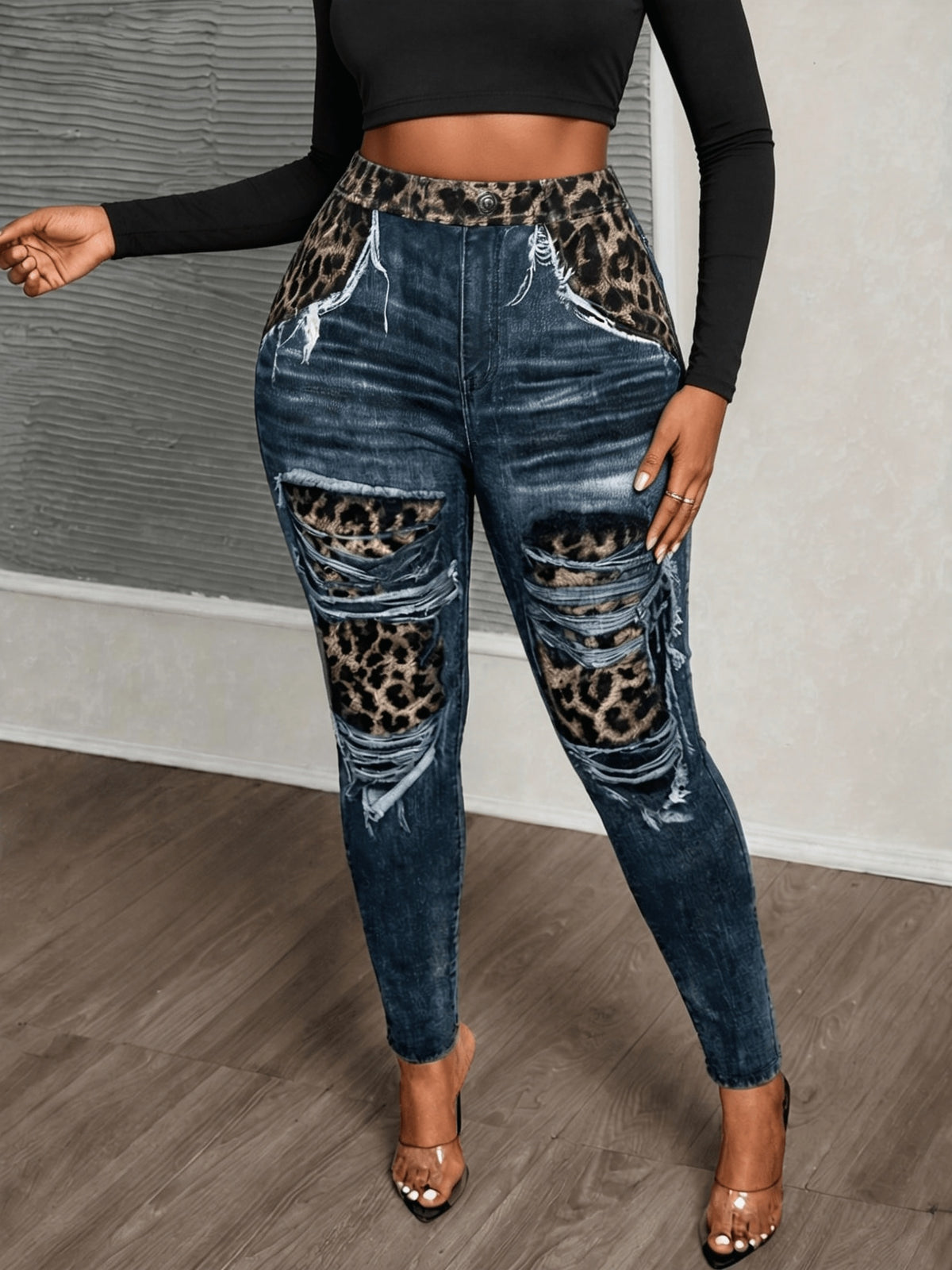 Plus Size Leopard & Denim-Effect Print Leggings – image 19