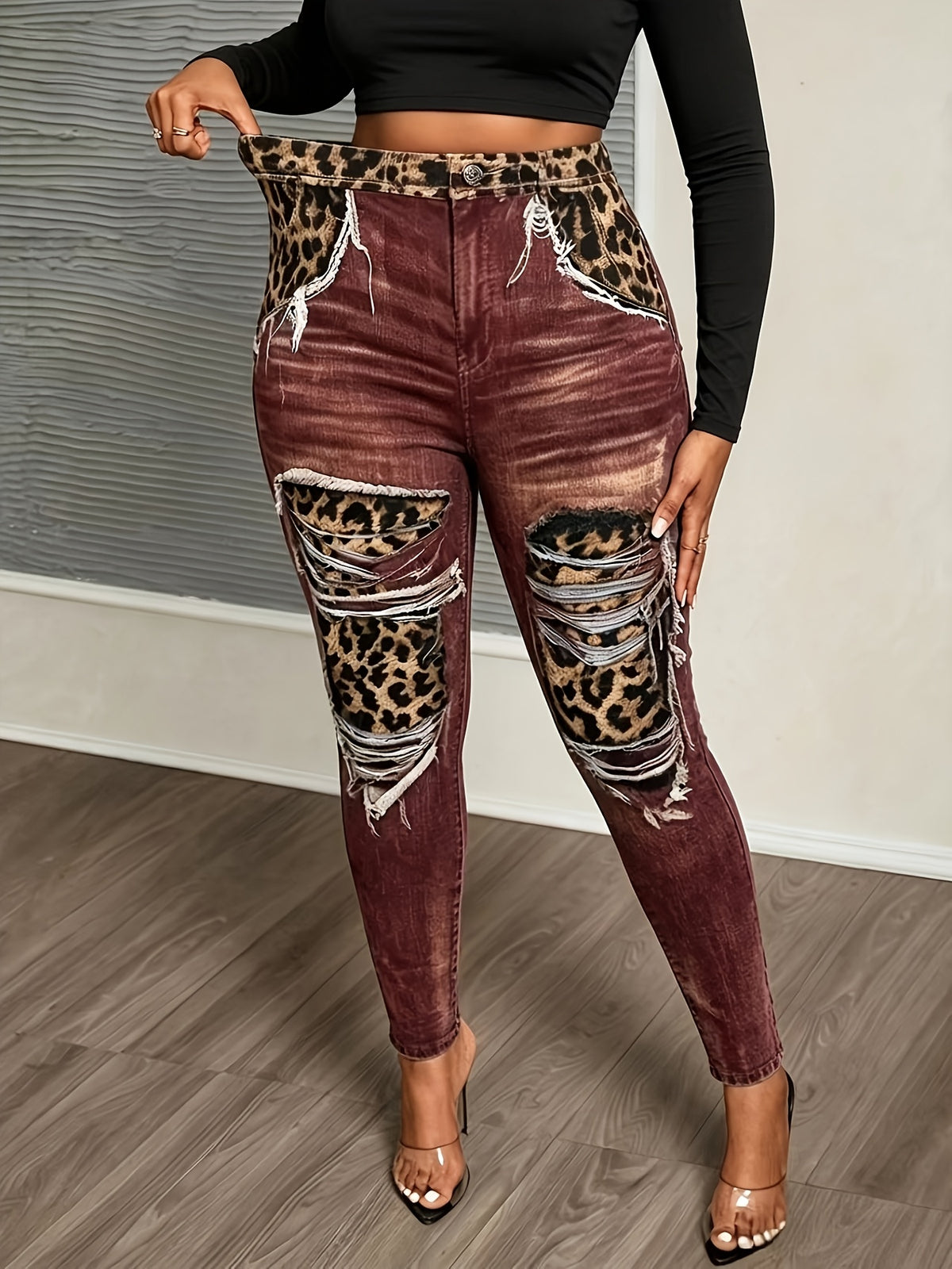 Plus Size Leopard & Denim-Effect Print Leggings – image 8