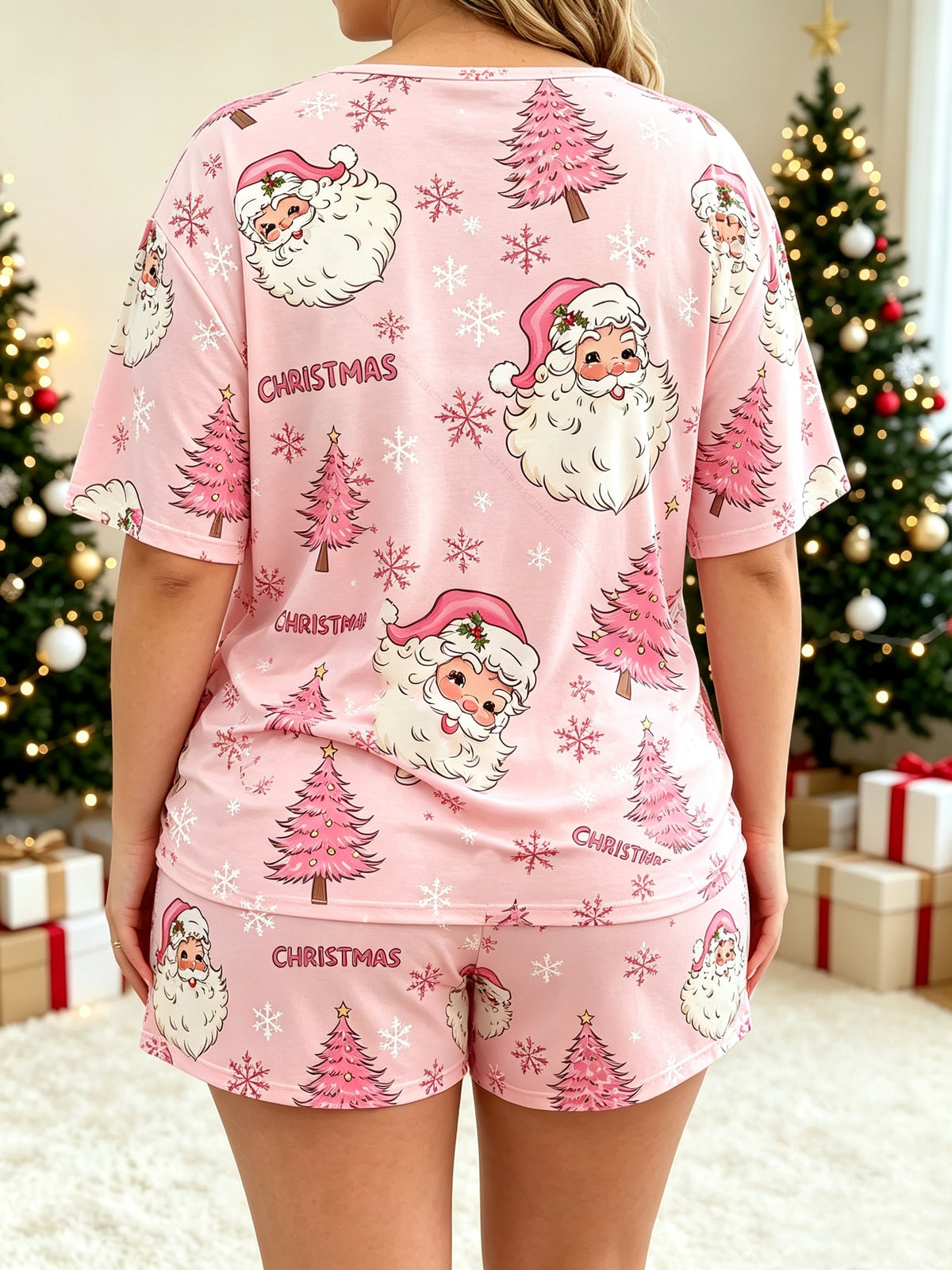 Plus Size Christmas Santa & Pink Tree Top and Shorts Set – image 2