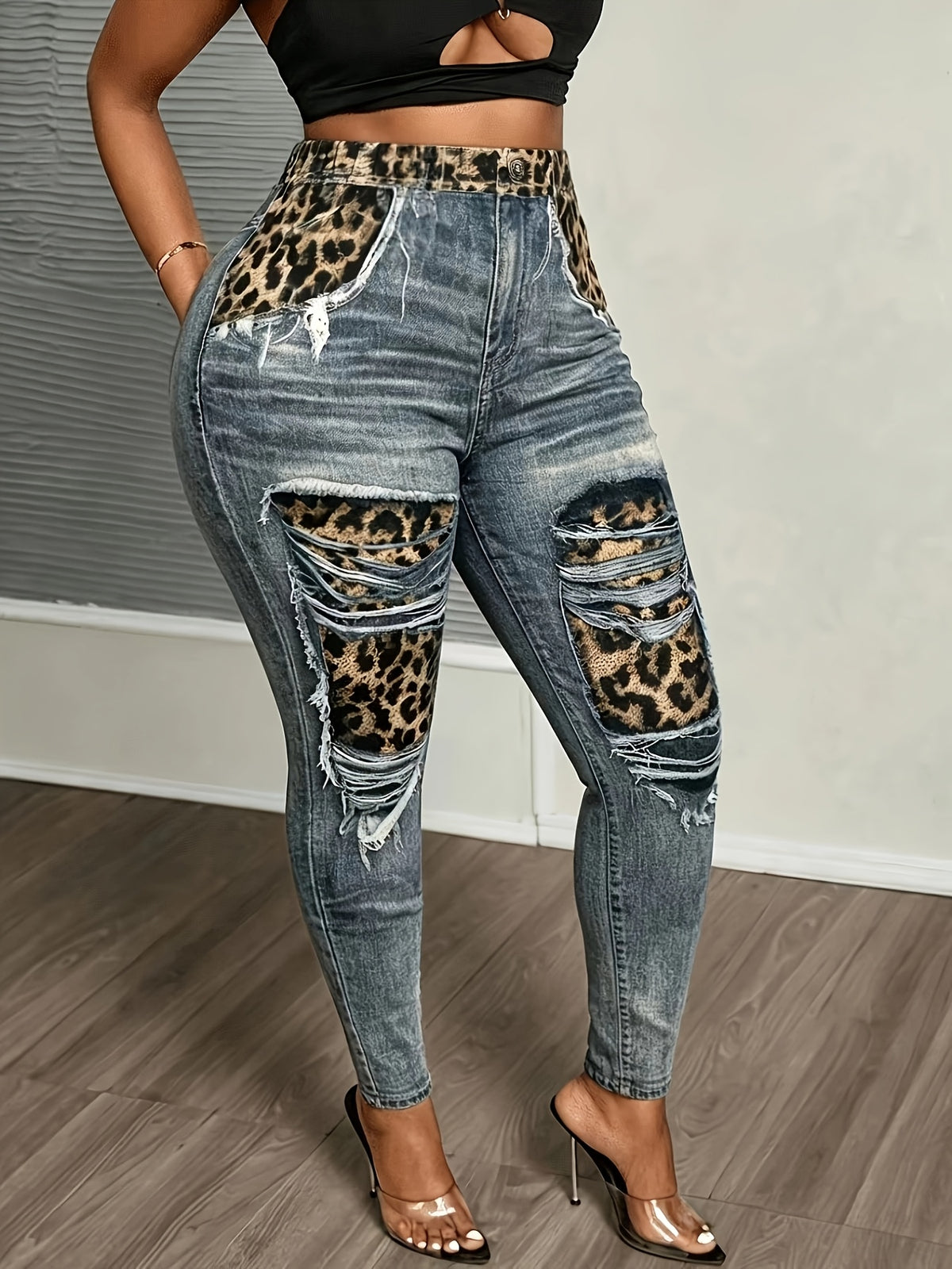Plus Size Leopard & Denim-Effect Print Leggings – image 4