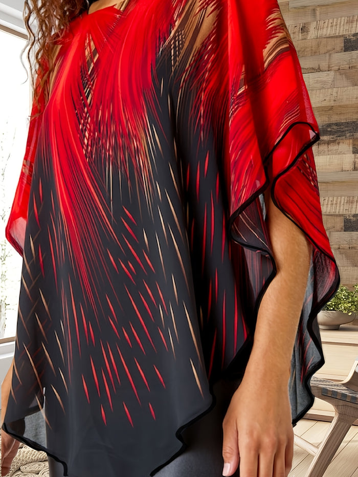 Plus Size Fireworks Print Mesh Cape Sleeve Top – detail 1