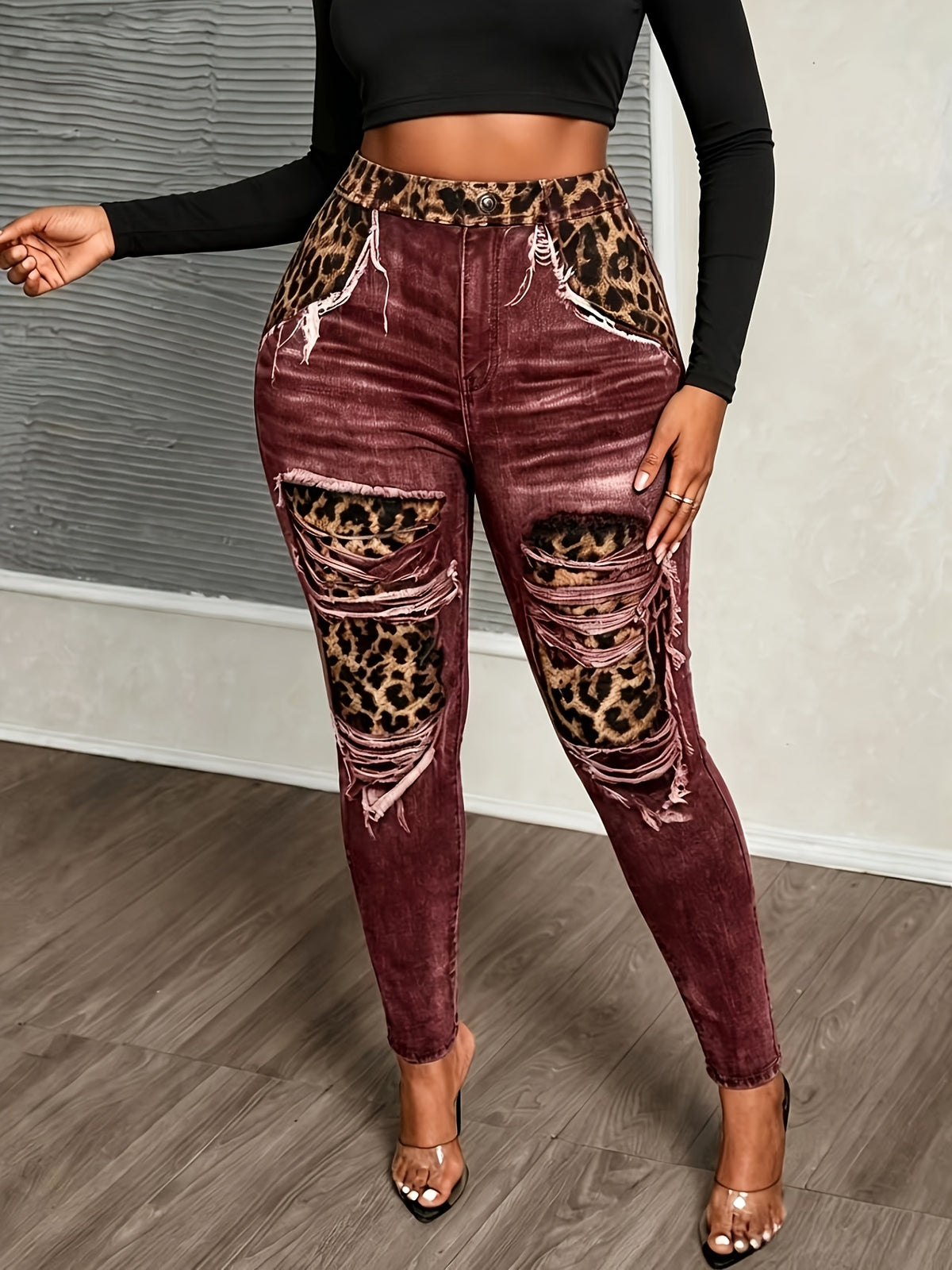 Plus Size Leopard & Denim-Effect Print Leggings – image 9