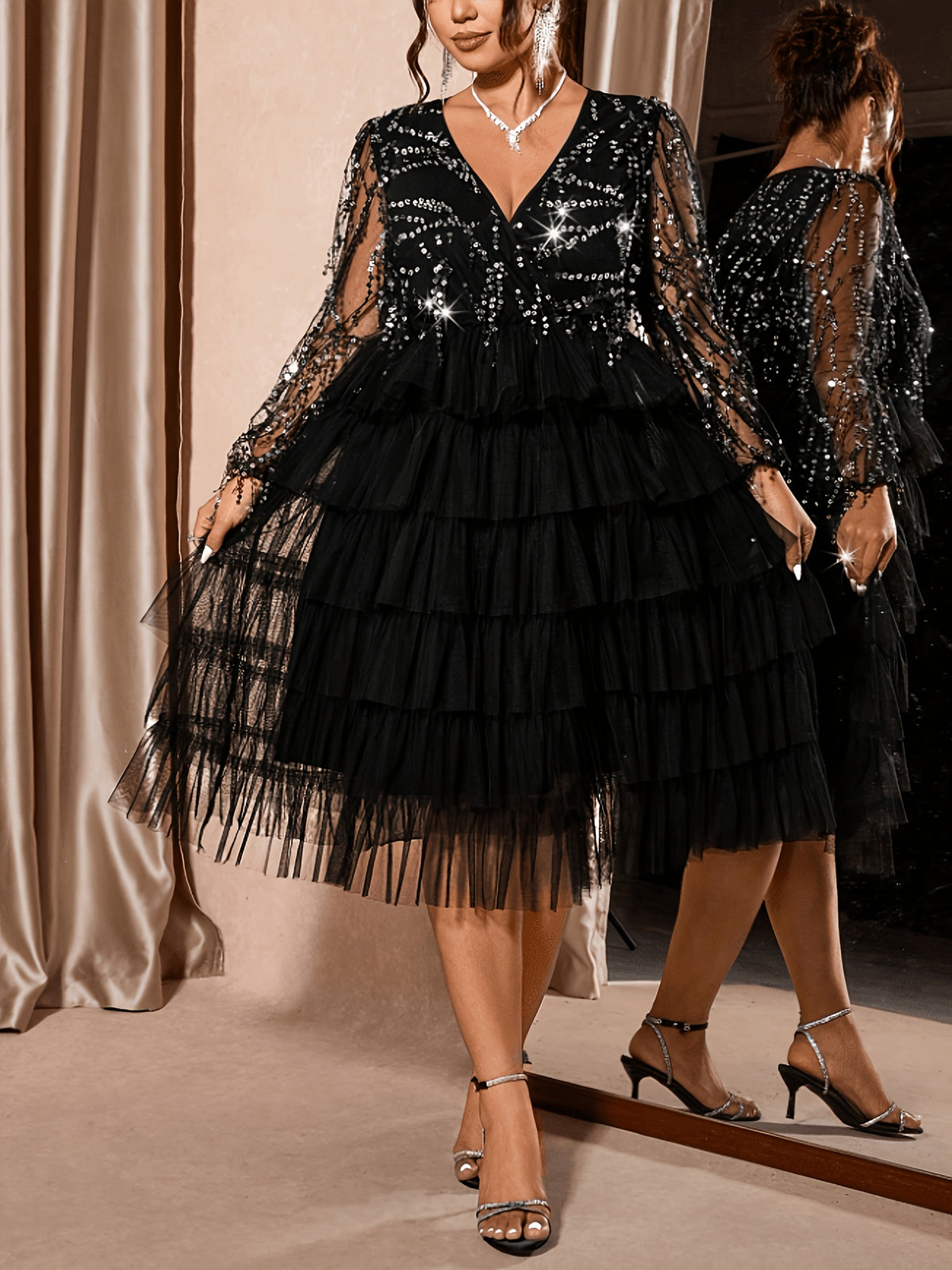 Plus Size Black V-Neck Sequin & Tulle Midi Dress – image 4