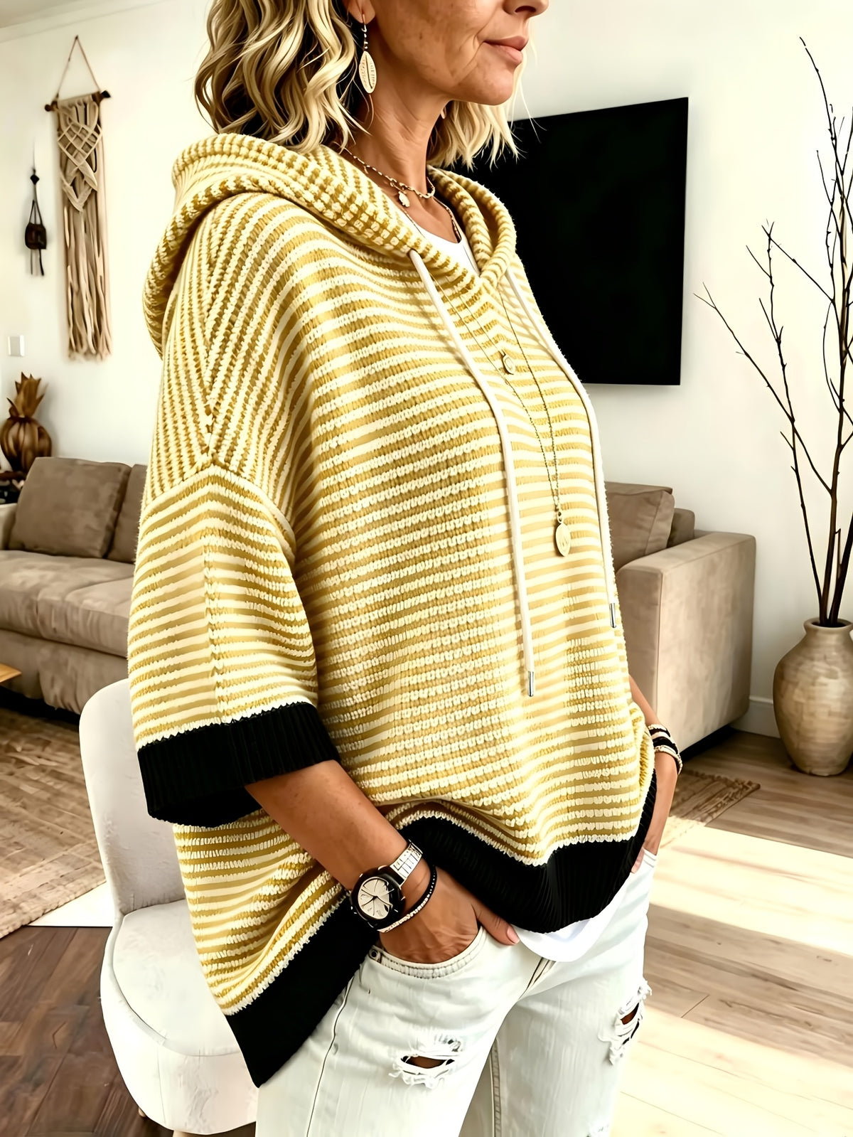 Plus Size Striped Drawstring Hooded Top – image 4