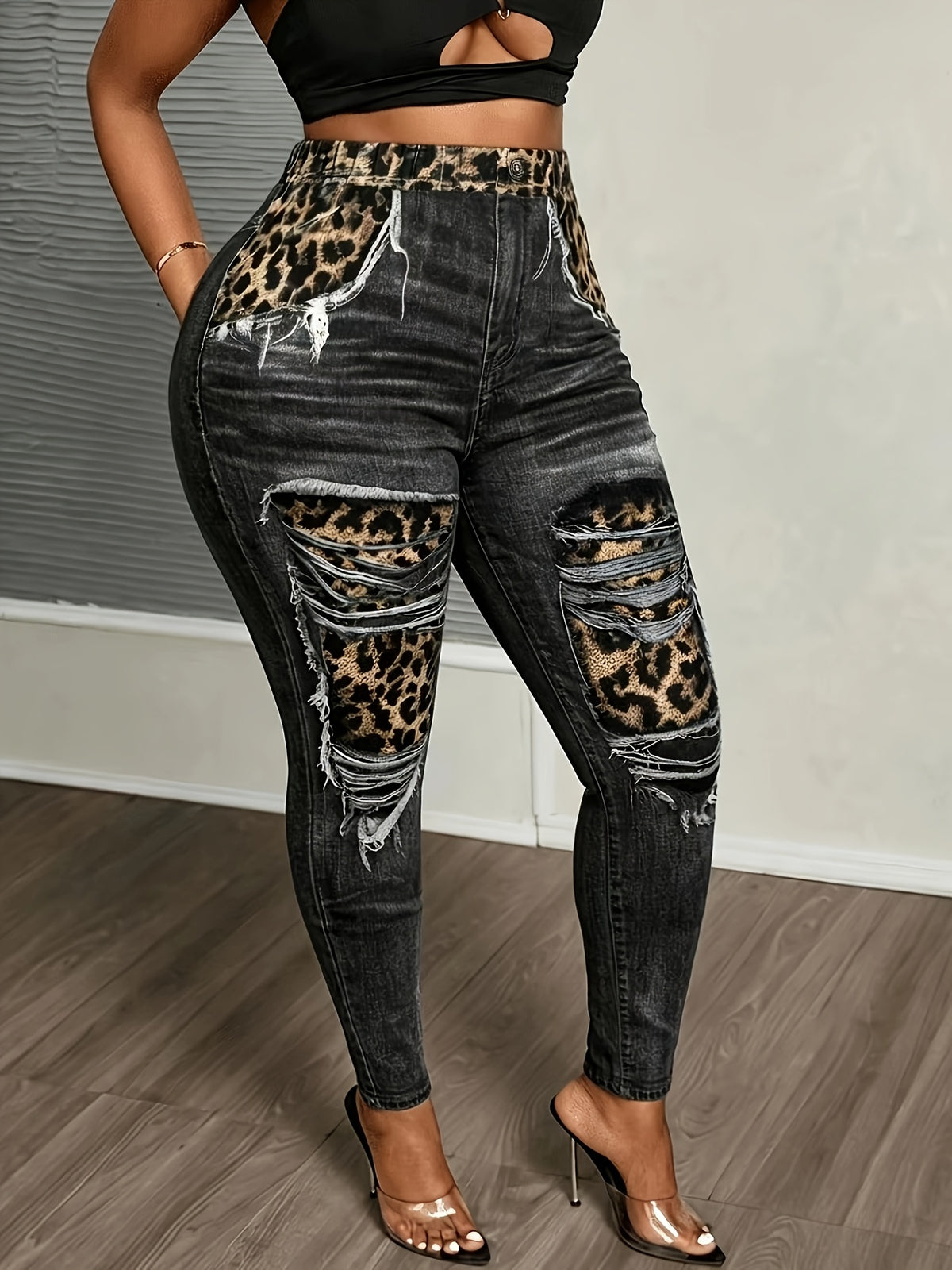 Plus Size Leopard & Denim-Effect Print Leggings – image 12