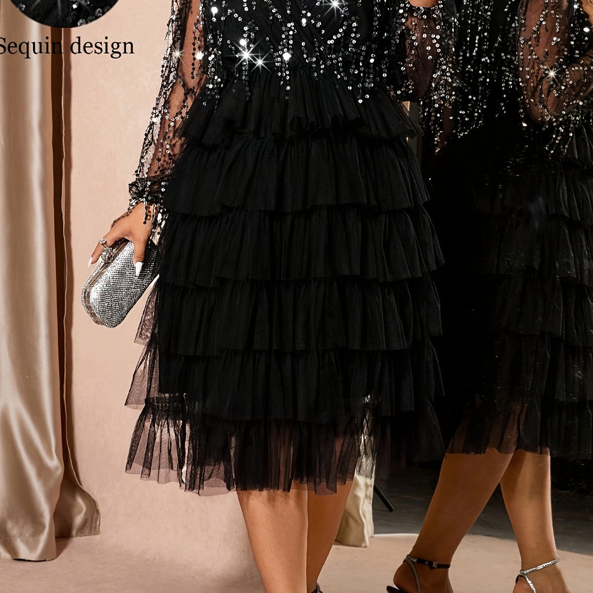 Plus Size Black V-Neck Sequin & Tulle Midi Dress – image 6