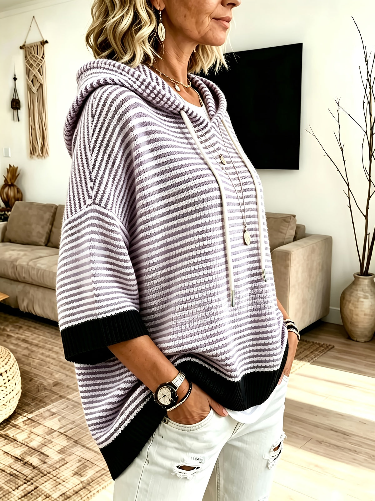 Plus Size Striped Drawstring Hooded Top – image 7