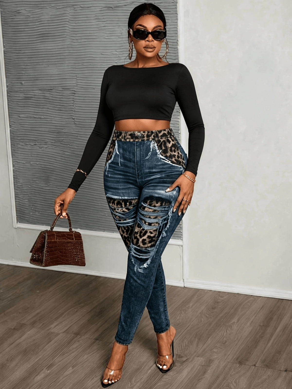 Plus Size Leopard & Denim-Effect Print Leggings – image 18