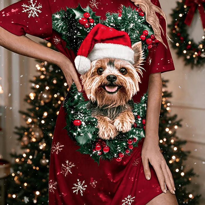 Plus Size Red Christmas Dog Print T-Shirt Lounge Dress – detail 3