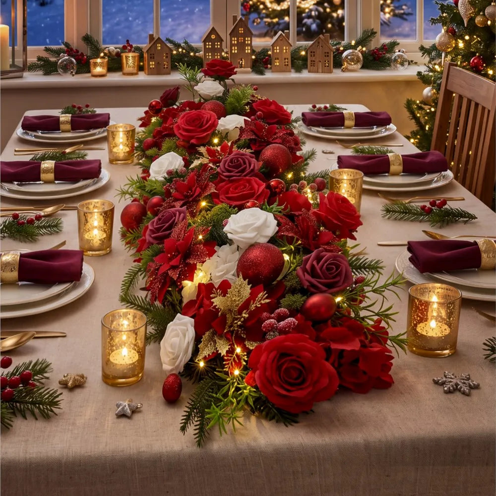 Artificial Red Rose & Greenery Table Garland – image 3