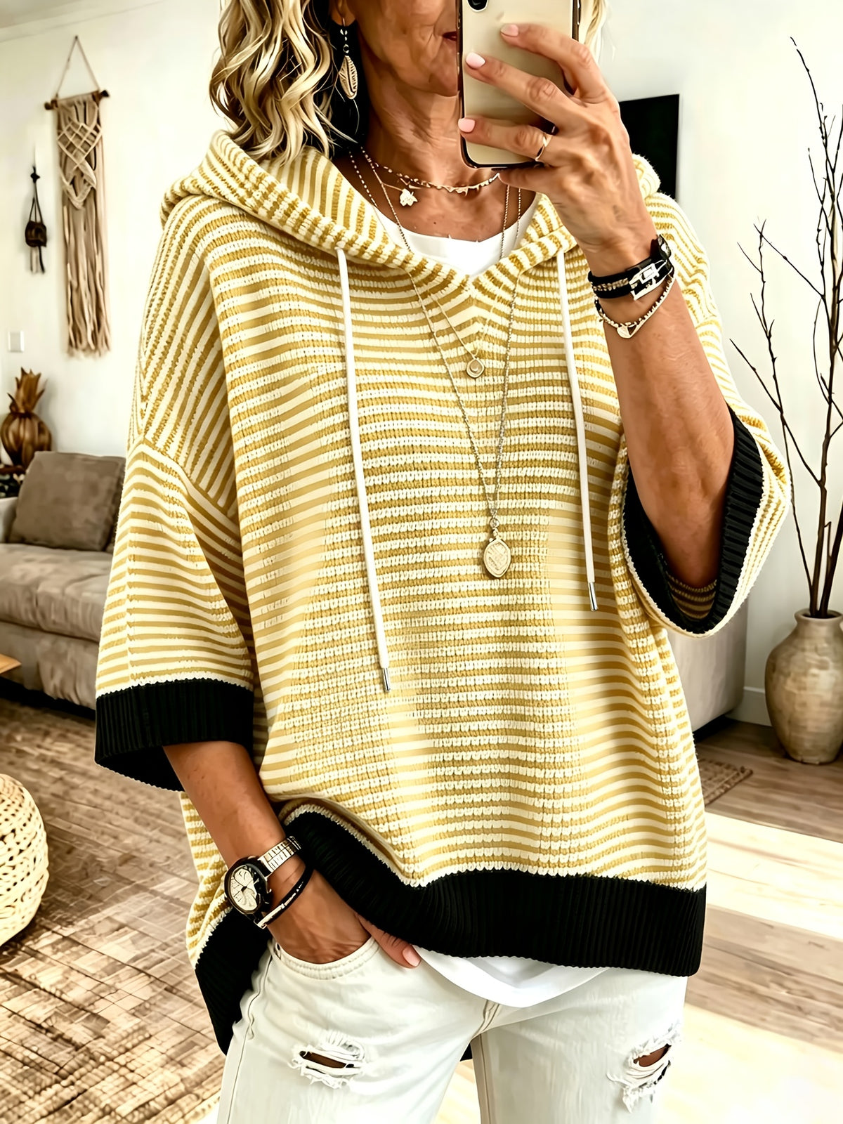 Plus Size Striped Drawstring Hooded Top styled