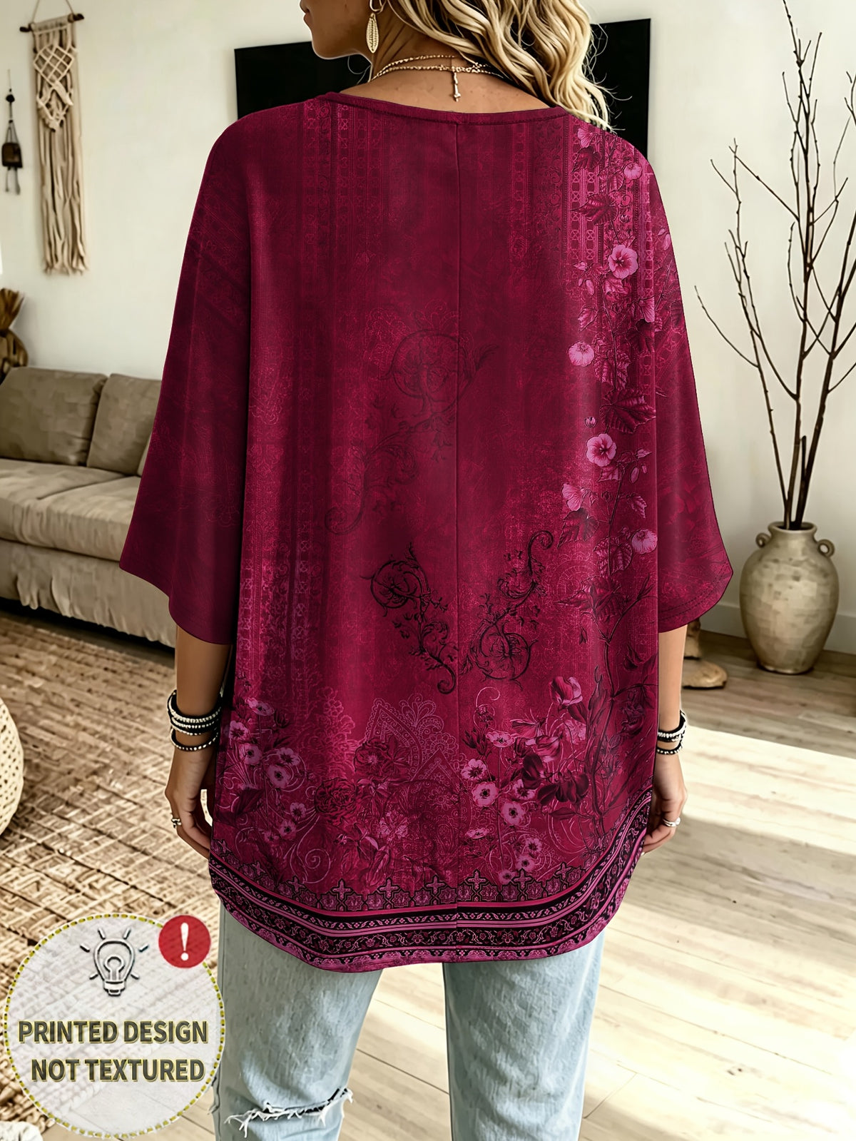 Plus Size Burgundy Floral Three-Quarter Sleeve Top – image 3