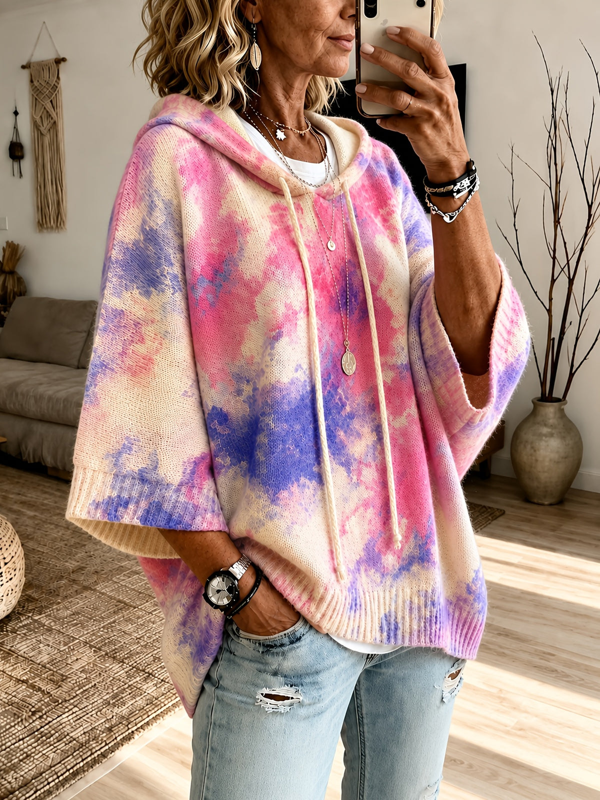 Plus Size Tie-Dye Hooded Cape Top – image 3