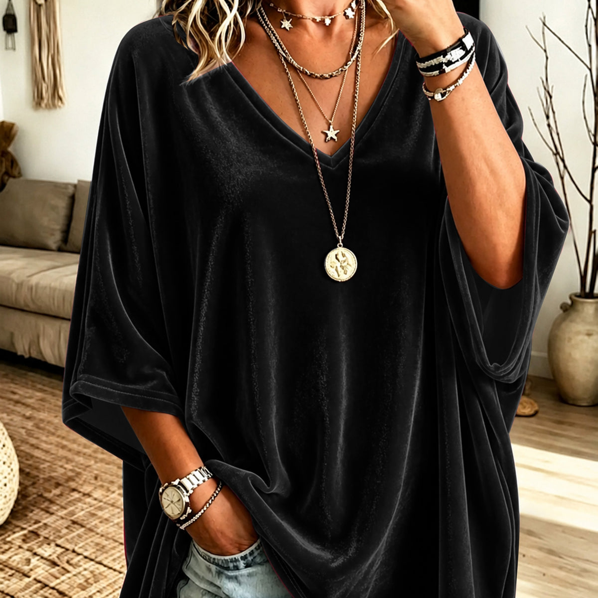 Plus Size Velvet V-Neck Relaxed Top – image 28