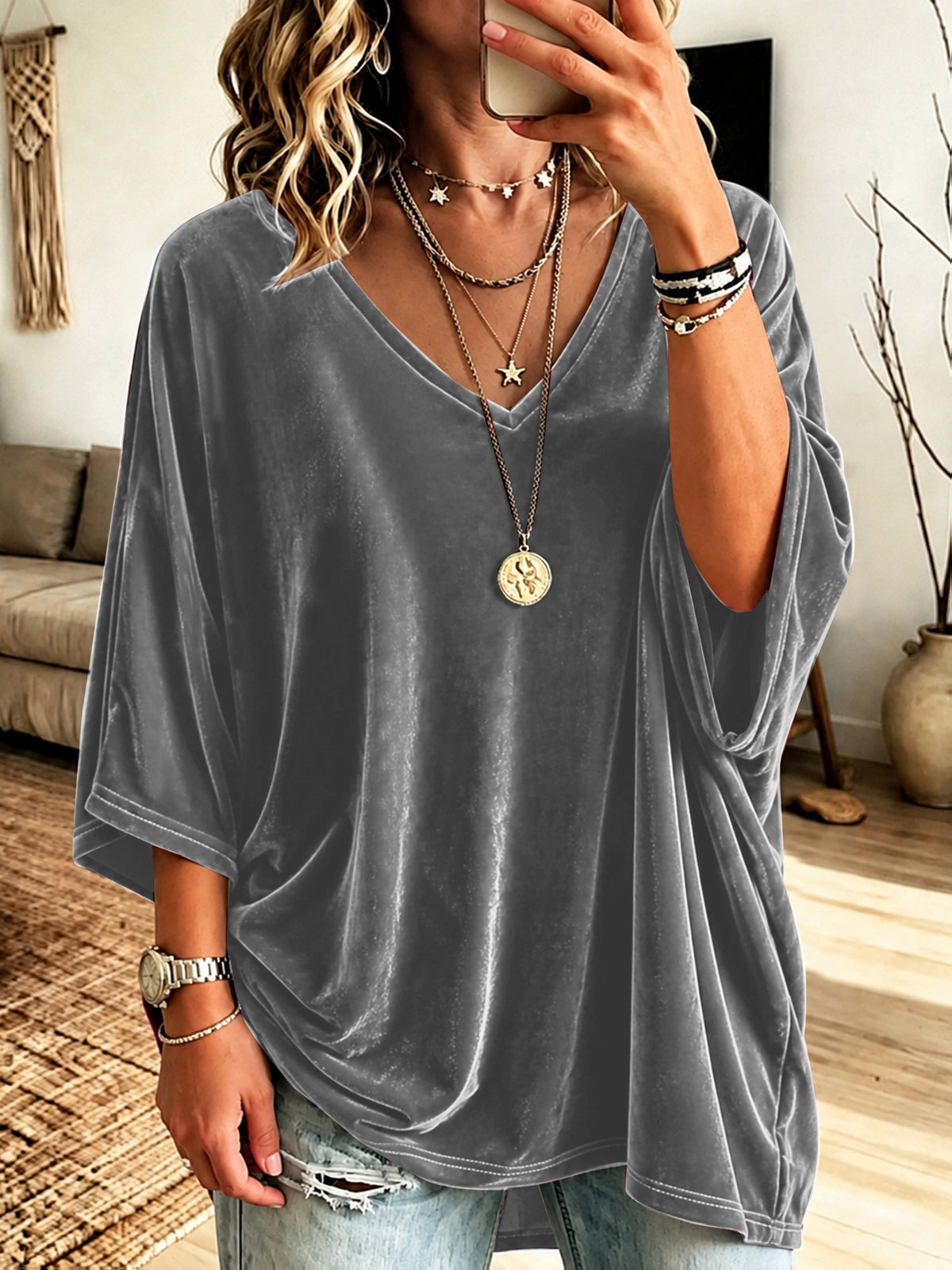 Plus Size Velvet V-Neck Relaxed Top – image 7