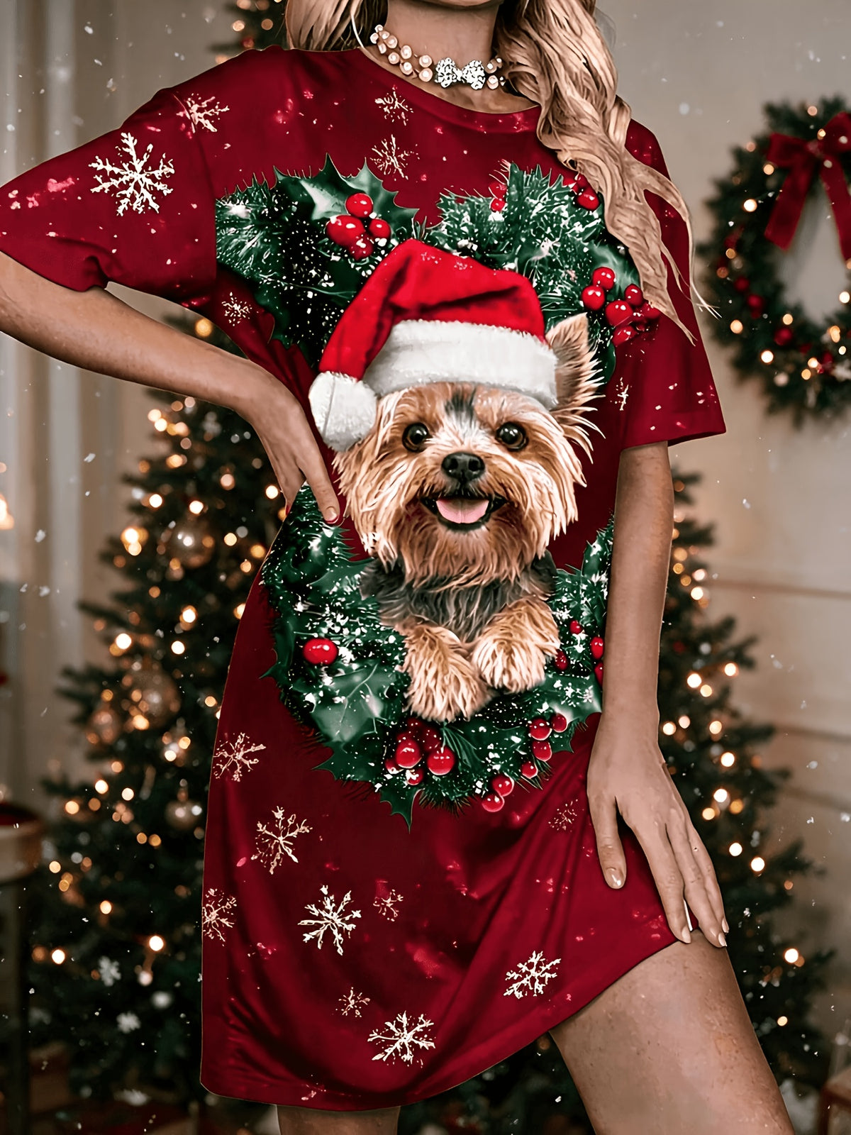 Plus Size Red Christmas Dog Print T-Shirt Lounge Dress – image 1