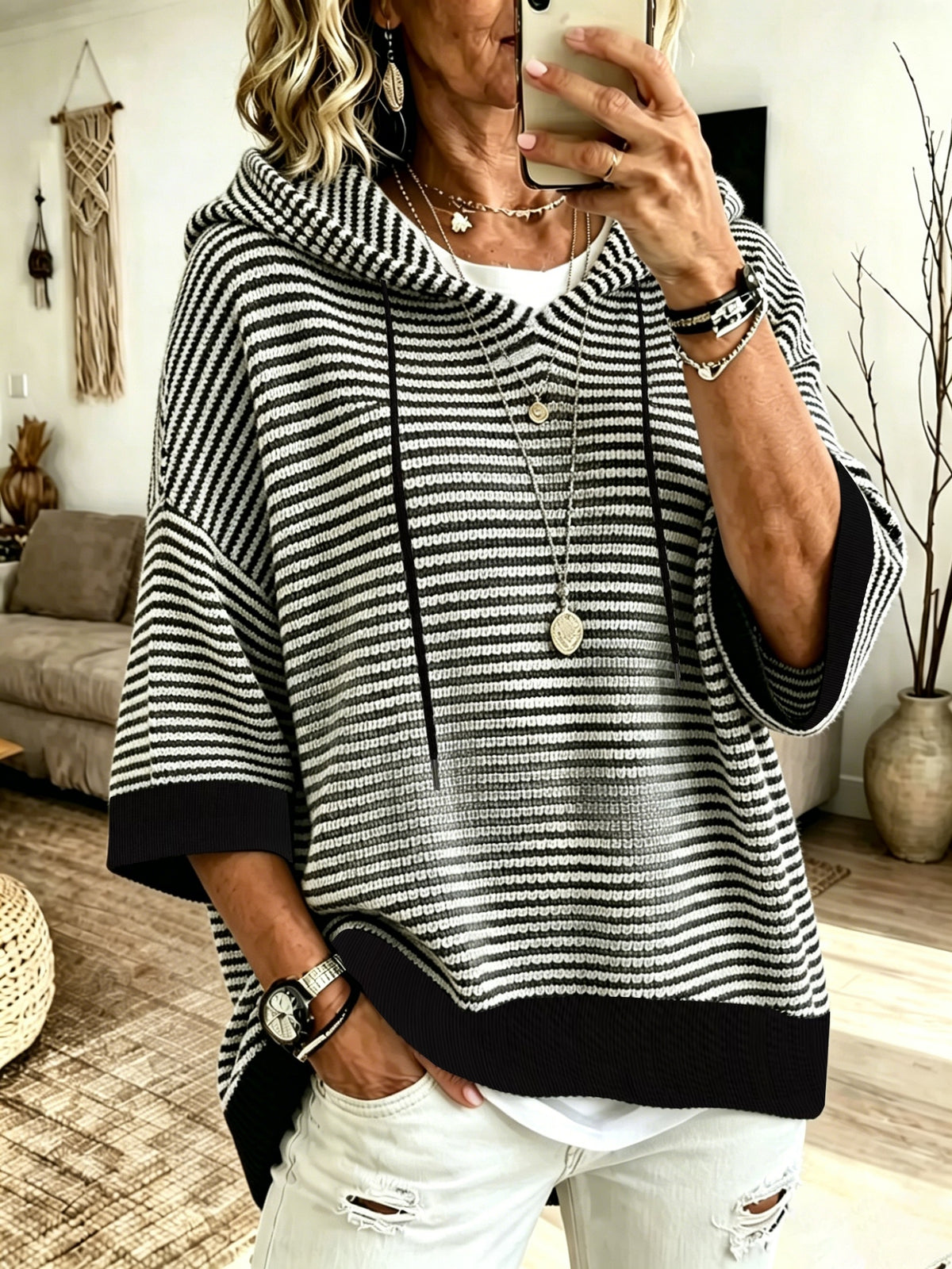 Plus Size Striped Drawstring Hooded Top – image 10