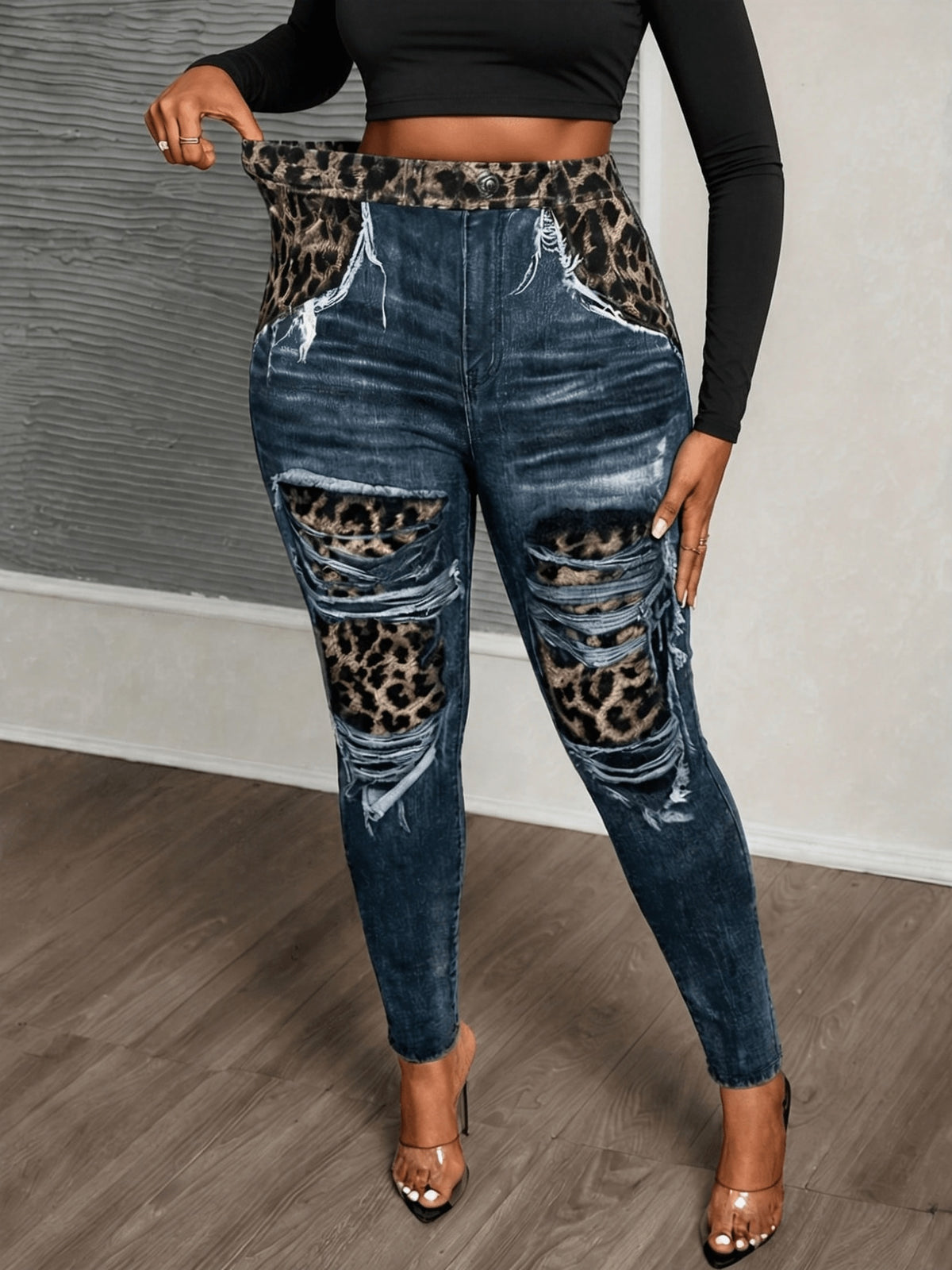 Plus Size Leopard & Denim-Effect Print Leggings – image 17