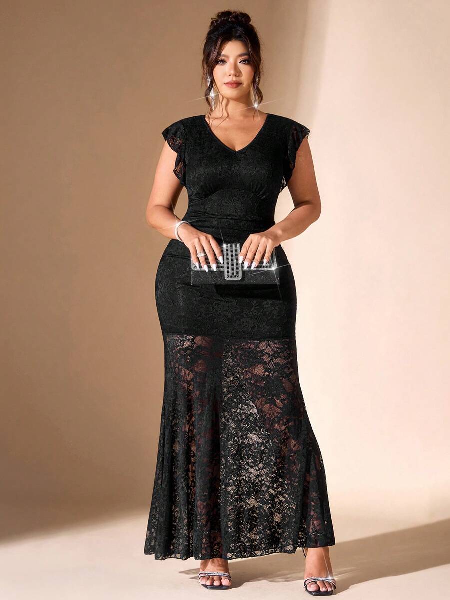 Plus Size Black Lace Mermaid Maxi Dress – image 5