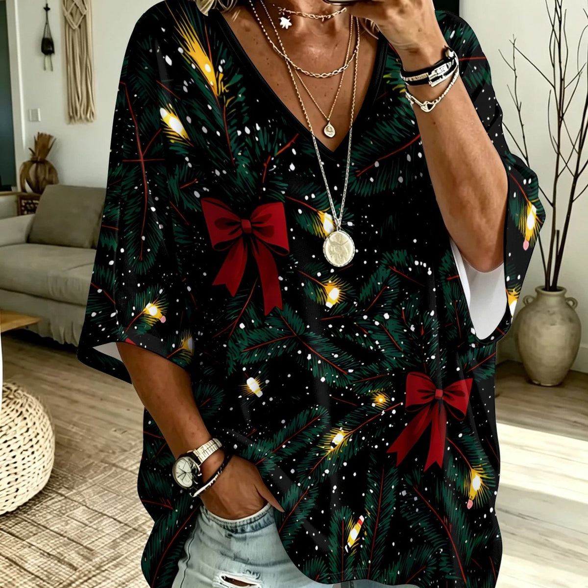Plus Size Christmas Pine & Snowflake Print V-Neck T-Shirt – image 1