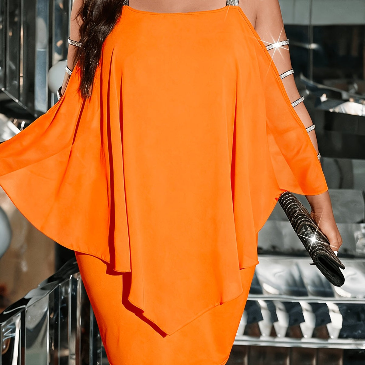 Plus Size Off-Shoulder Asymmetrical Cape Dress – image 13