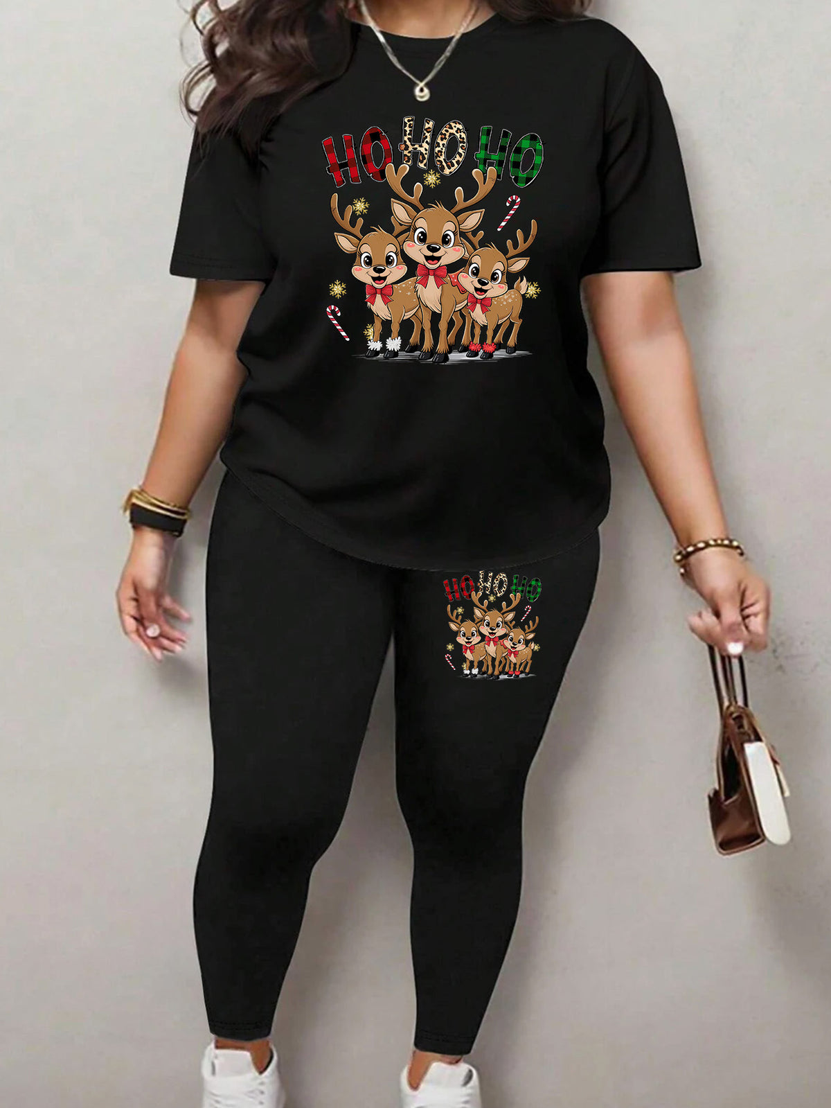 Plus Size Black Christmas Reindeer Top & Trousers Set – image 1