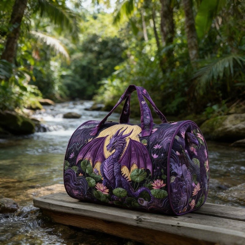 Dragon & Purple Rose Quilted Travel Bag styled
