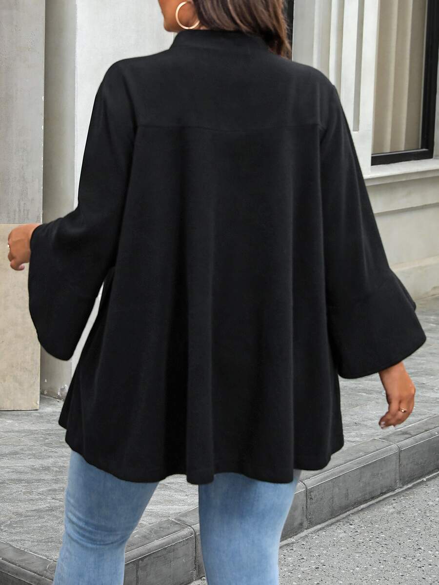 Plus Size Black Ruffle Jacket with Stand Collar styled