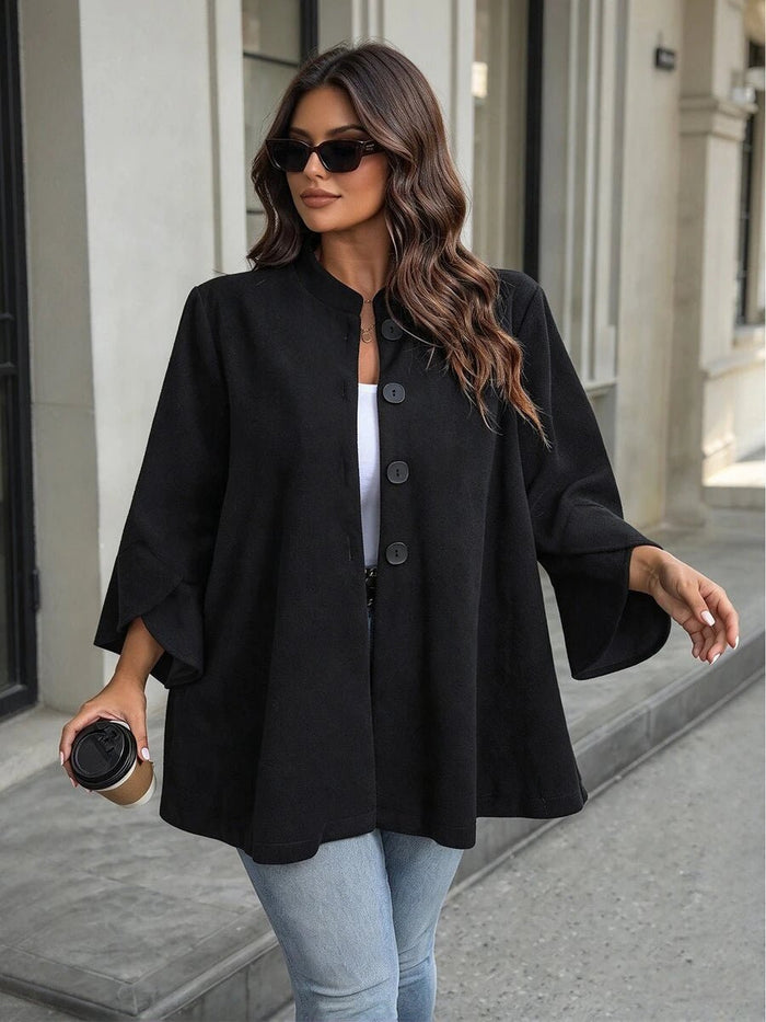 Plus Size Black Ruffle Jacket with Stand Collar – detail 1