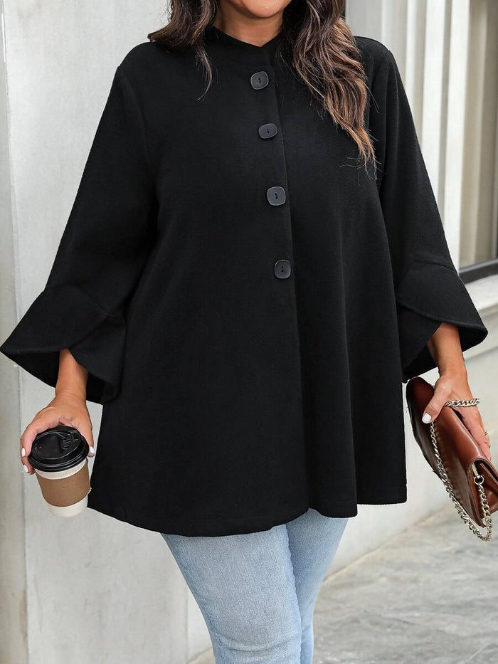 Plus Size Black Ruffle Jacket with Stand Collar – detail 2