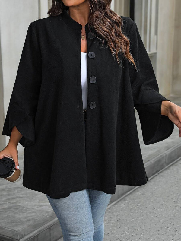 Plus Size Black Ruffle Jacket with Stand Collar