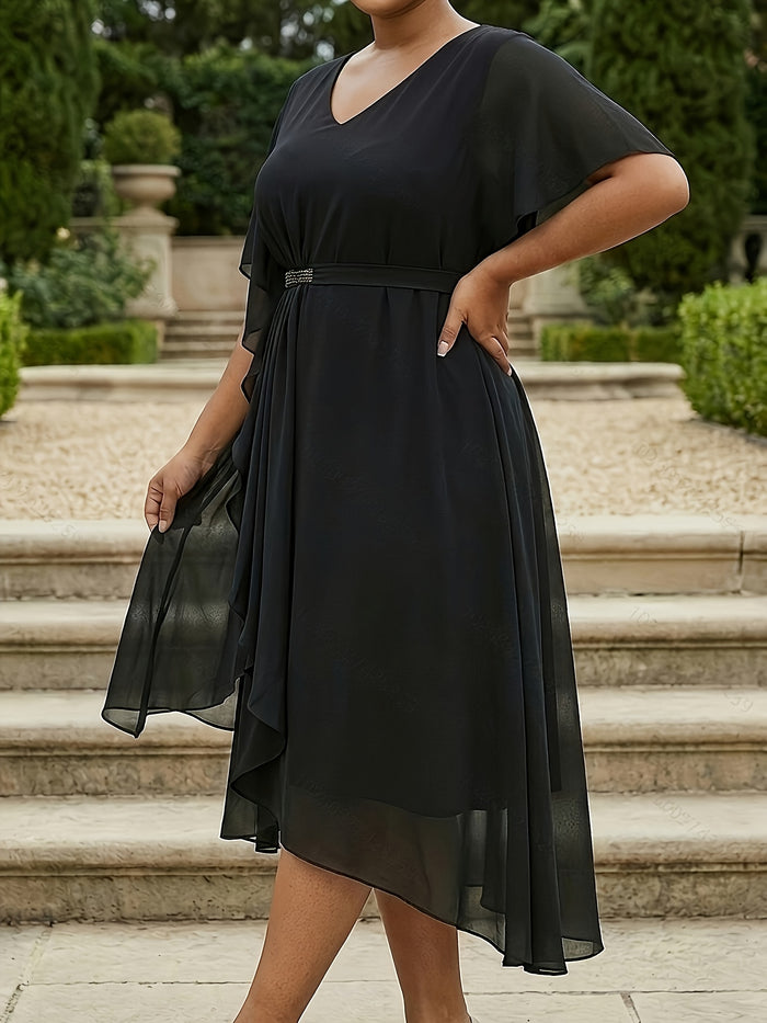 Plus Size V-Neck Asymmetrical Chiffon Occasion Dress – detail 1