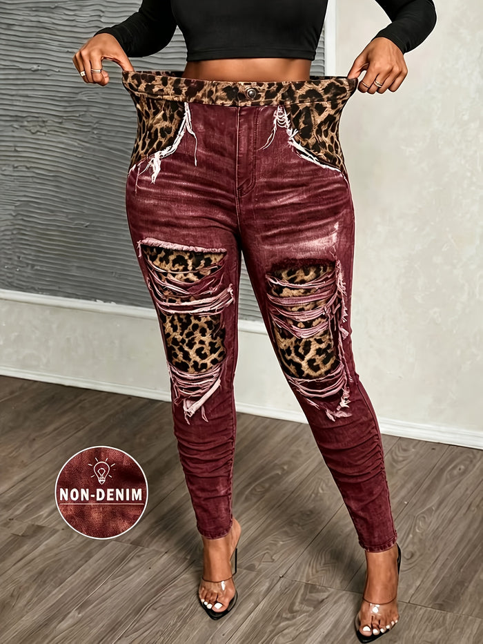 Plus Size Leopard & Denim-Effect Print Leggings – detail 4