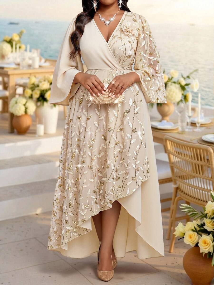 Plus Size V-Neck Bishop Sleeve Midi Dress – image 34