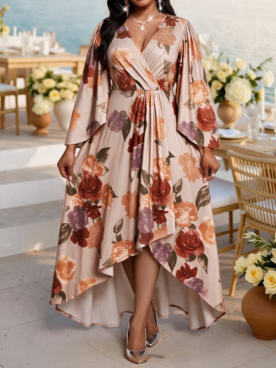 Plus Size V-Neck Bishop Sleeve Midi Dress – image 41