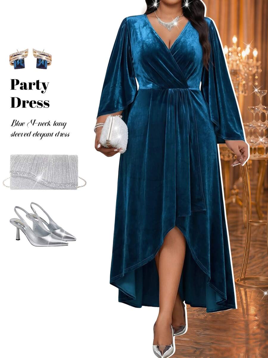 Plus Size V-Neck Bishop Sleeve Midi Dress – image 26