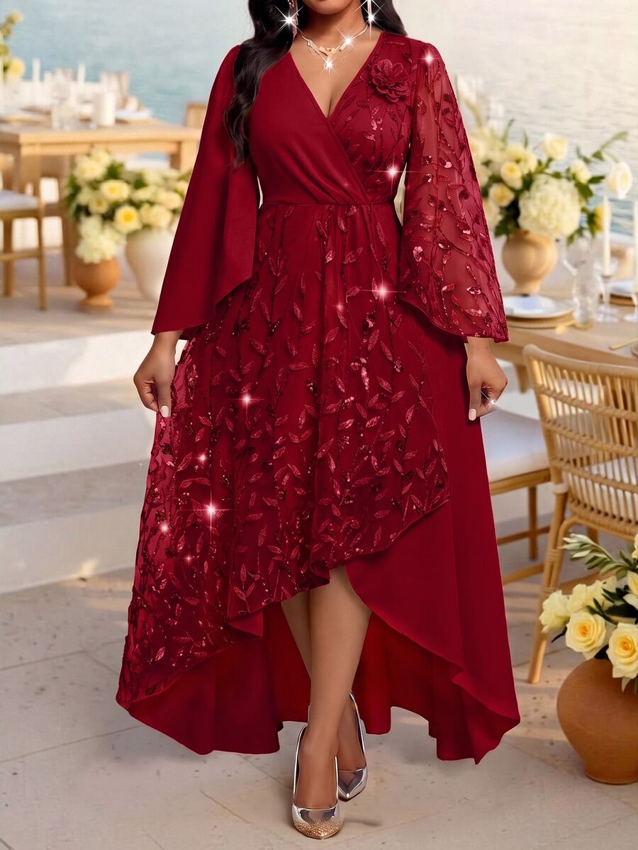 Plus Size V-Neck Bishop Sleeve Midi Dress – image 31