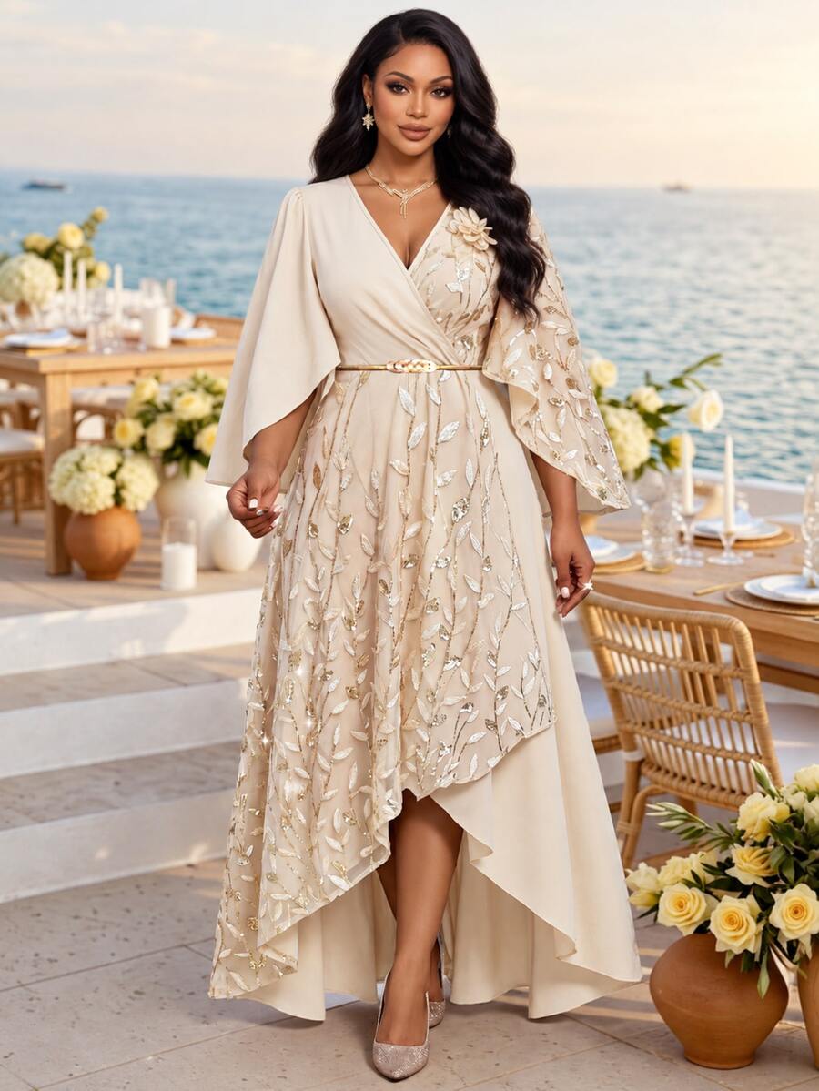 Plus Size V-Neck Bishop Sleeve Midi Dress – image 32