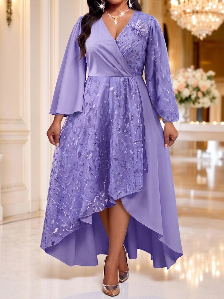 Plus Size V-Neck Bishop Sleeve Midi Dress – image 51