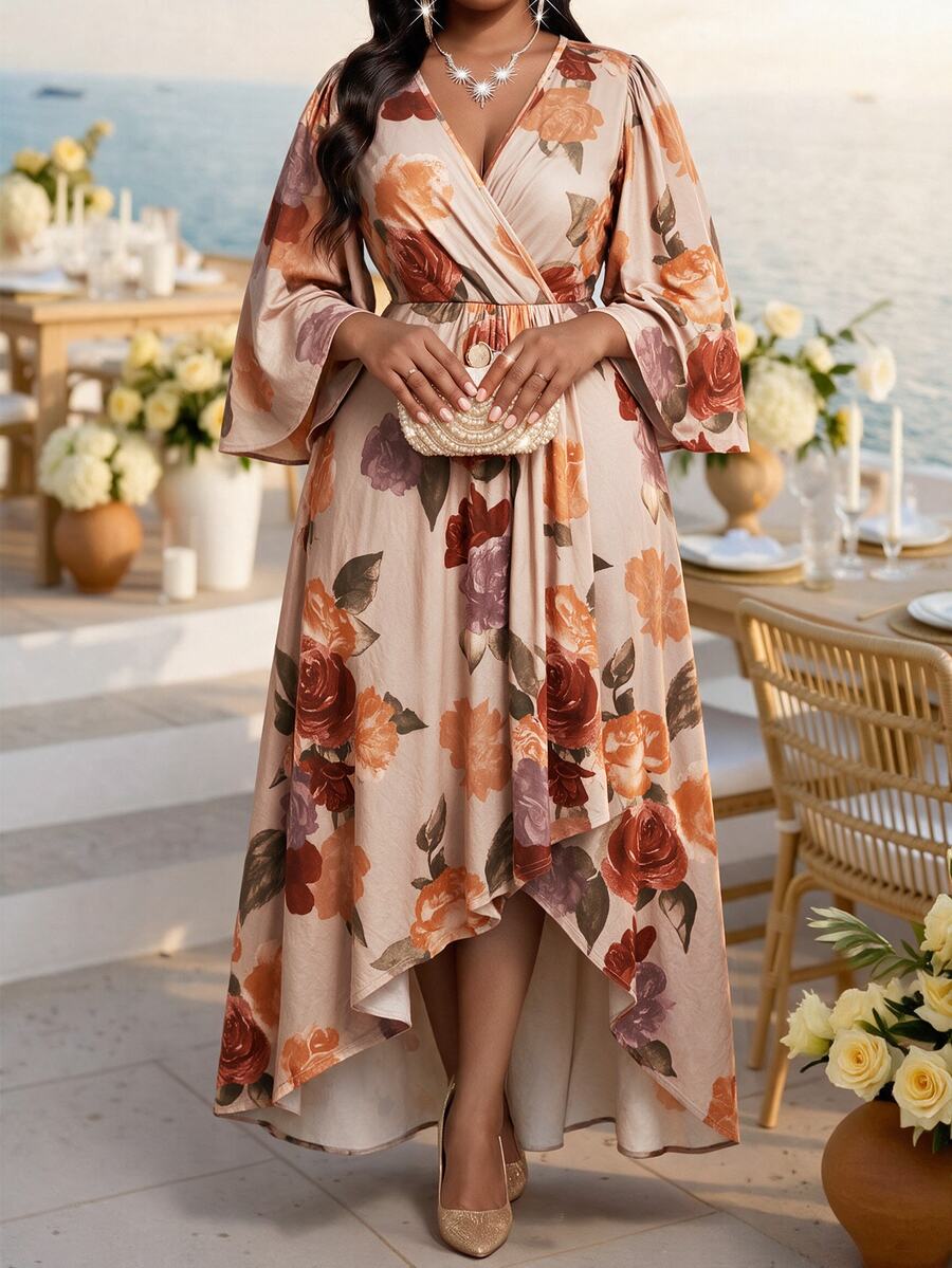 Plus Size V-Neck Bishop Sleeve Midi Dress – image 40