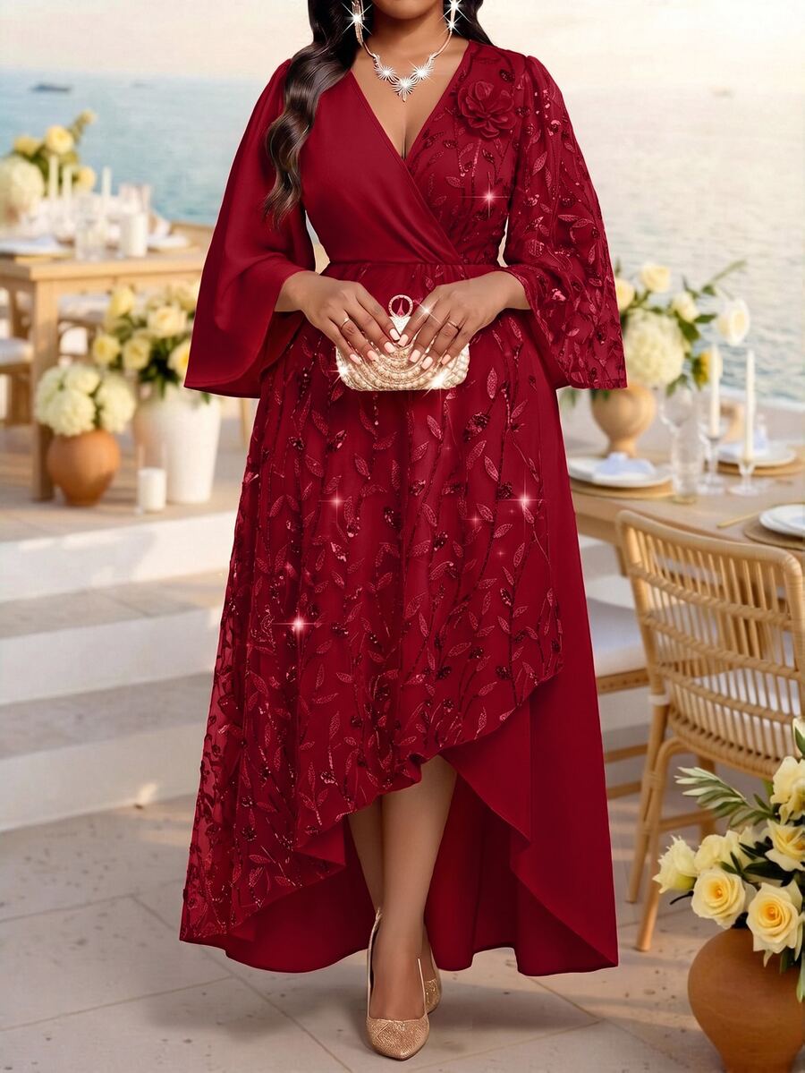Plus Size V-Neck Bishop Sleeve Midi Dress – image 29