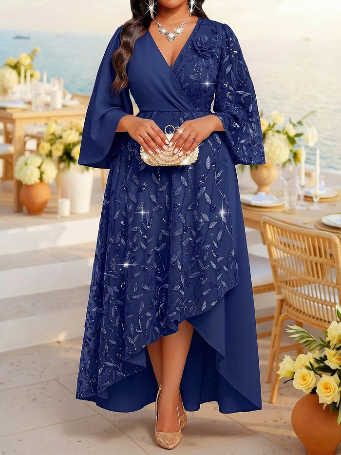 Plus Size V-Neck Bishop Sleeve Midi Dress – detail 2