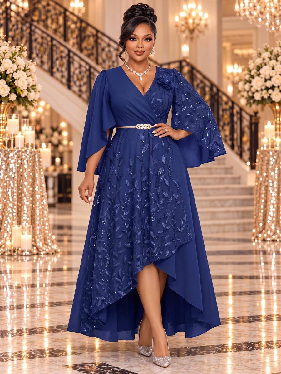 Plus Size V-Neck Bishop Sleeve Midi Dress styled