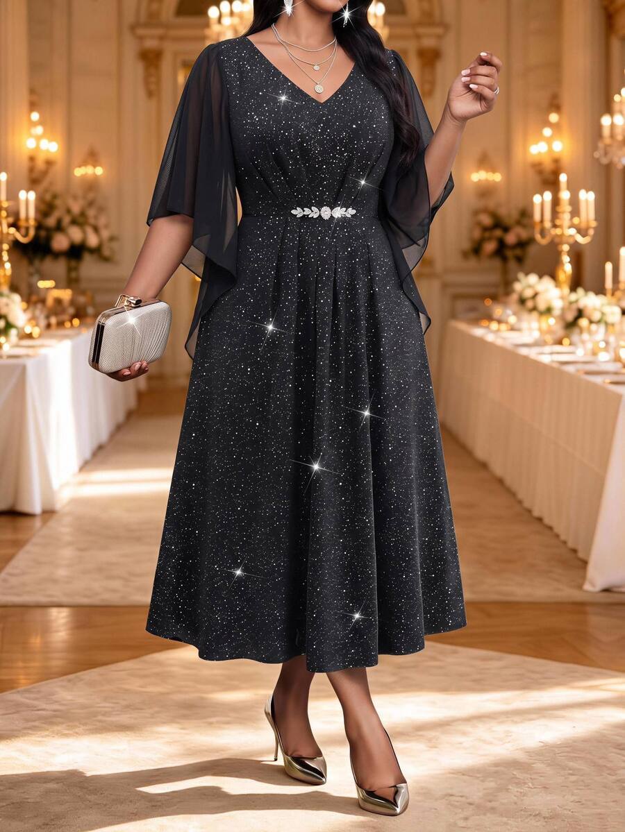 Plus Size Black Square Neck Flounce Sleeve Midi Dress – image 3