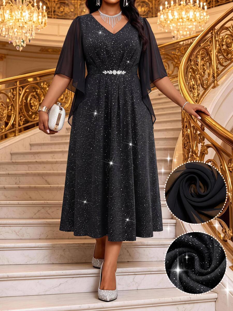 Plus Size Black Square Neck Flounce Sleeve Midi Dress – image 4