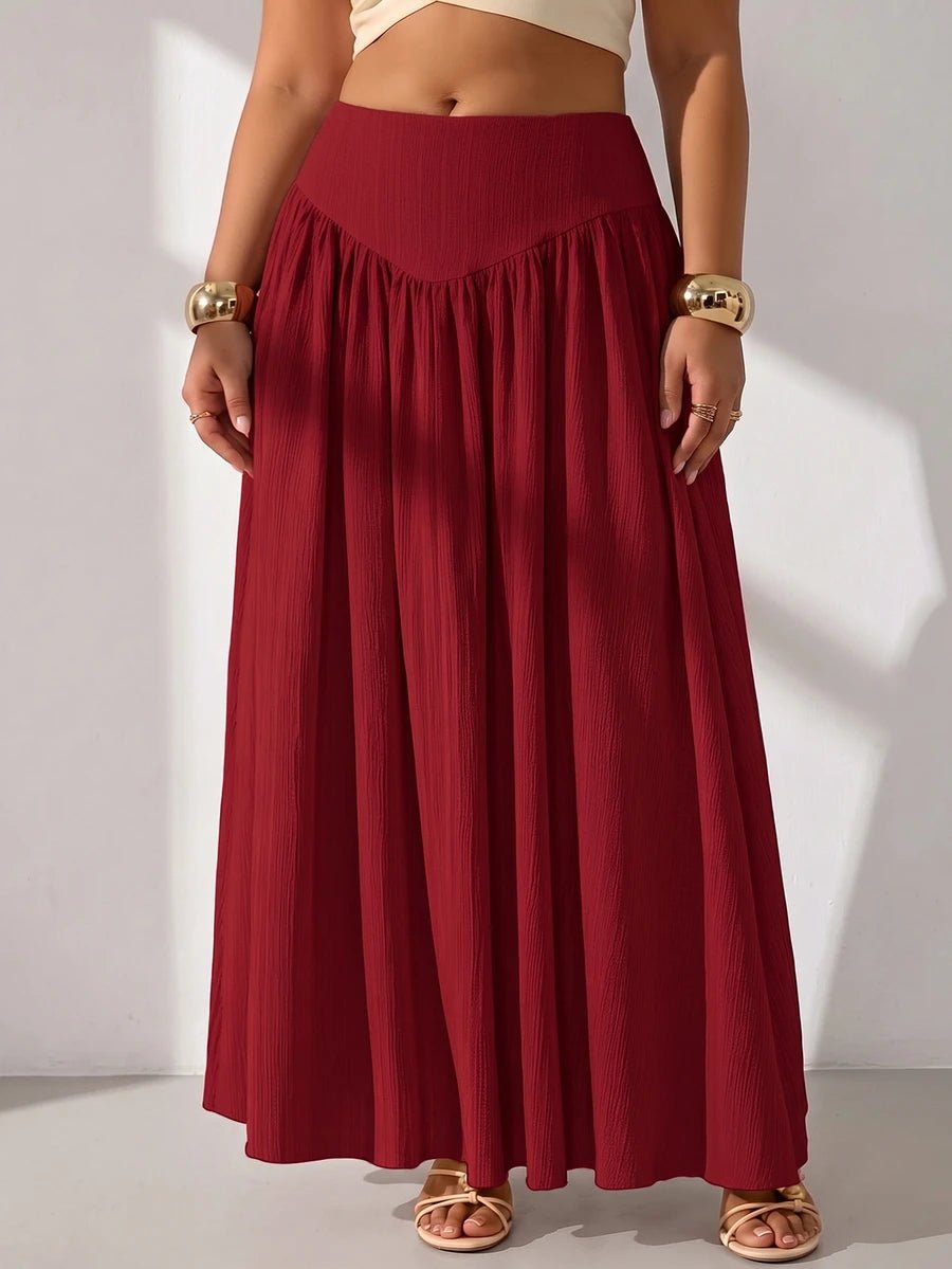 Plus Size Burgundy Pleated Maxi Skirt with Pockets – image 3
