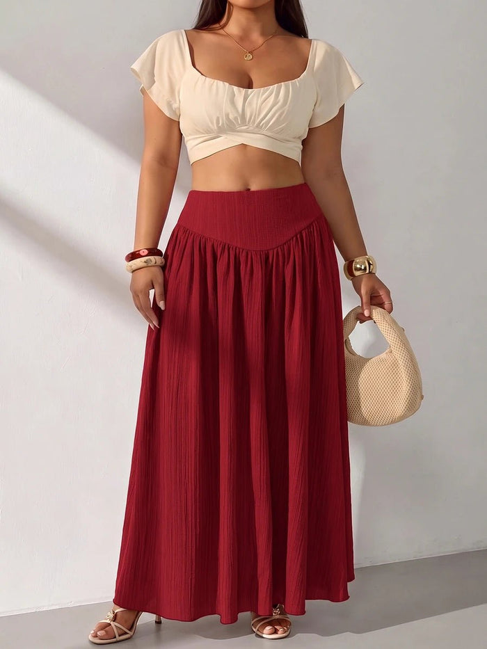 Plus Size Burgundy Pleated Maxi Skirt with Pockets – detail 2