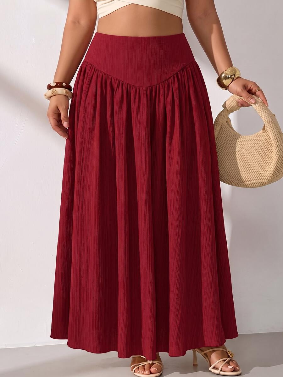 Plus Size Burgundy Pleated Maxi Skirt with Pockets – image 7