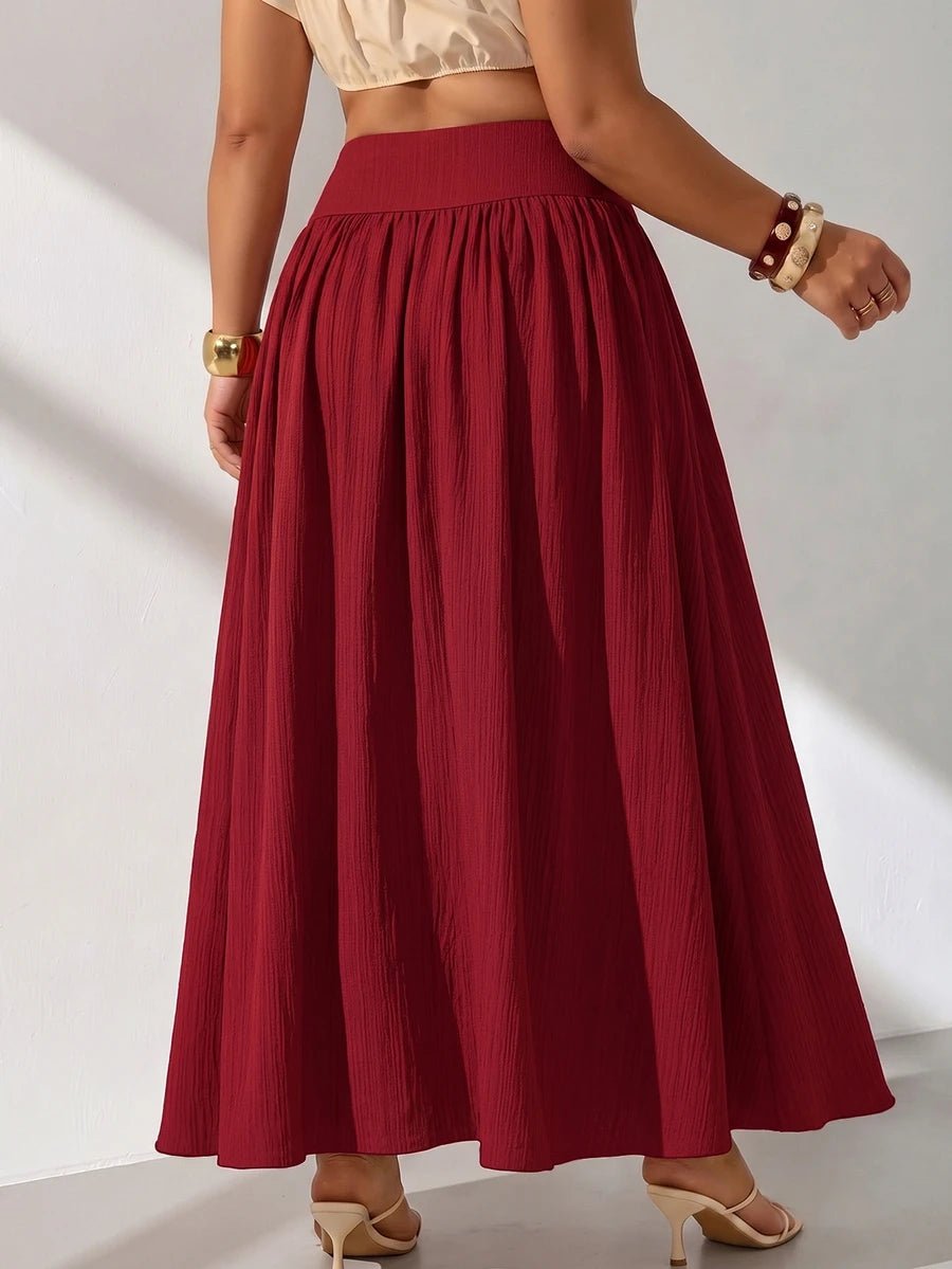 Plus Size Burgundy Pleated Maxi Skirt with Pockets – image 2